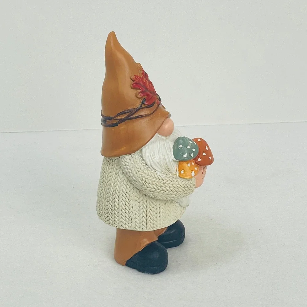 Fall Gnome Figurine Autumn Decor Cable Knit Sweater Mushrooms Brown Hat 6.5 Inch